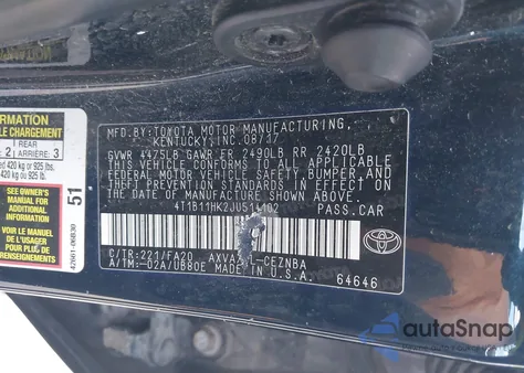 2018 Toyota Camry Le from USA, damaged, VIN 4T1B11HK2JU514102